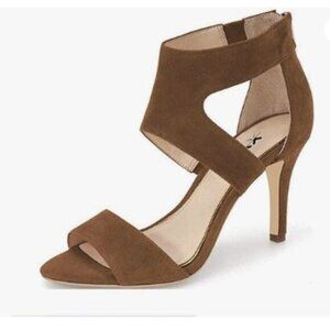 XYD Women Open Toe Sandals Ankle Wrap Back Zipper Mid Kitten Heels Brown